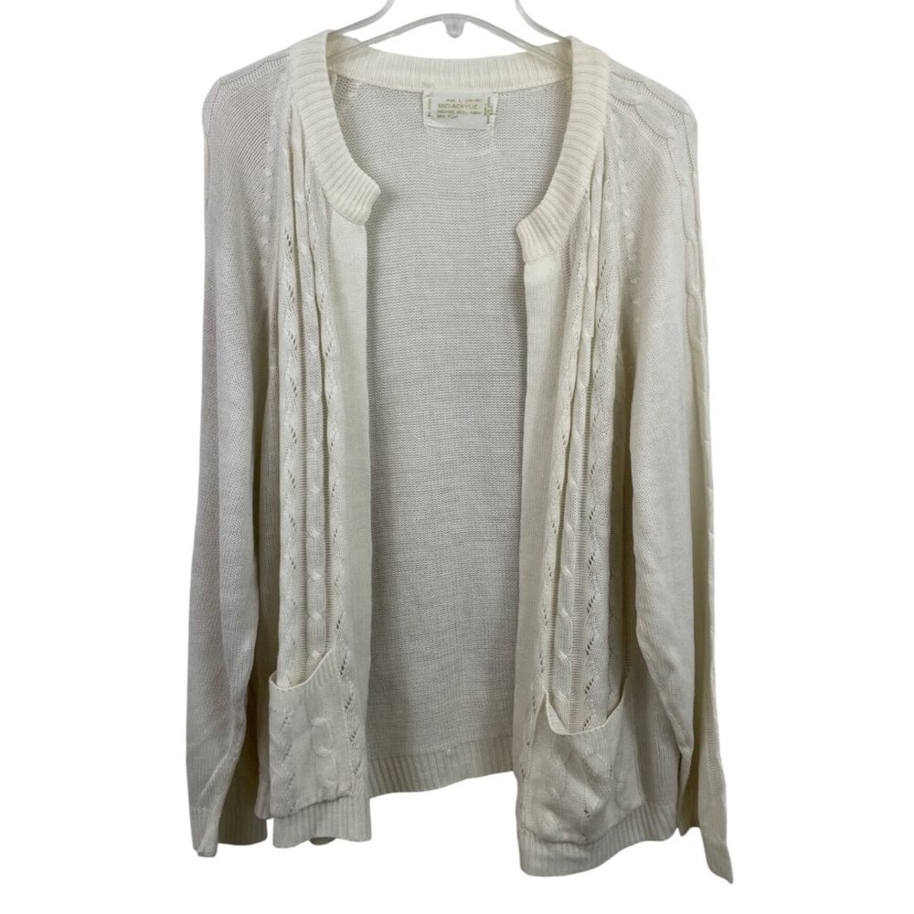 Vintage White Cable Knit Acrylic Open Cardigan Sweater Large Soft Textured
